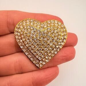 Joan Rivers Vintage Gold Tone Pave Crystal Heart Brooch Pin Statement Jewelry